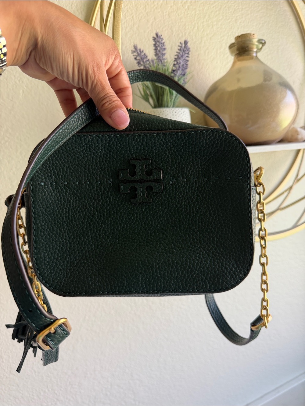 Tory Burch Dark Green Leather Crossbody Bag with Gold Chain